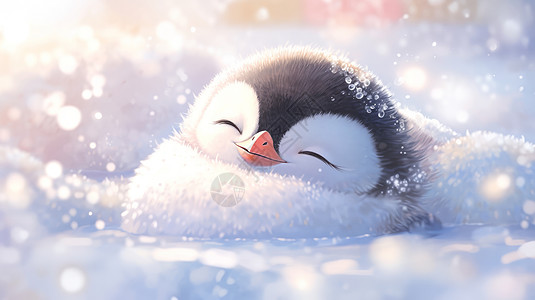 冬天晒太阳在冰天雪地中晒太阳开心微笑的卡通企鹅插画