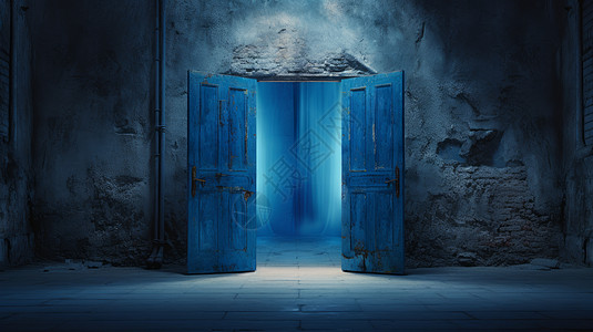 破旧的墙面与打开的蓝色木门高清图片