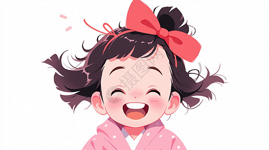 戴红色蝴蝶结发卡的开心笑的卡通女孩图片