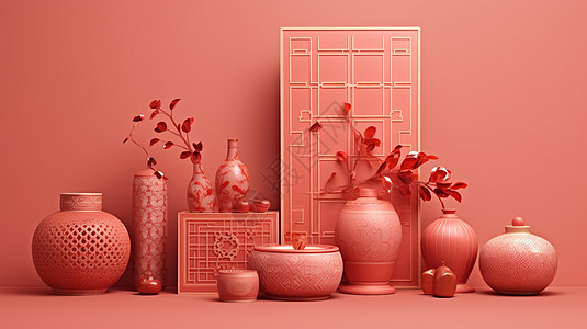 喜庆的中国风元素与各种造型的卡通花瓶背景图片