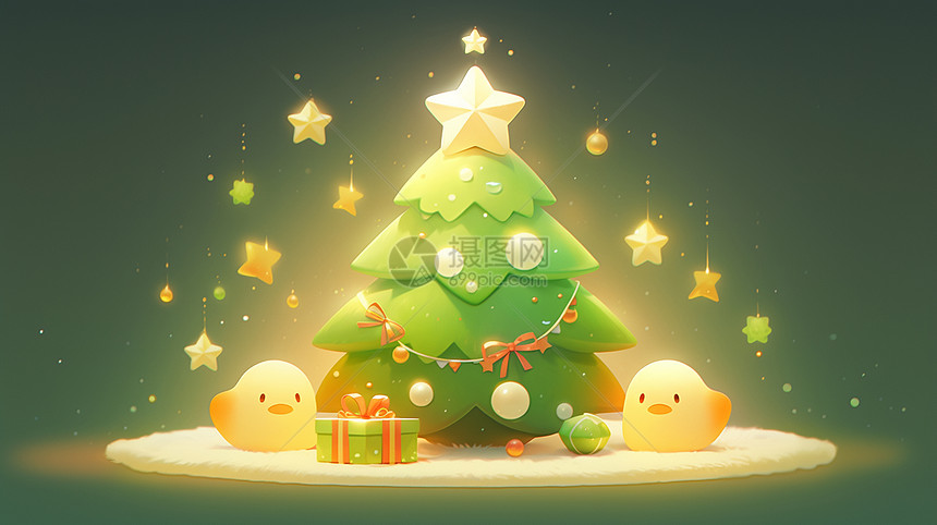 树尖上有黄色可爱的卡通星星的圣诞树图片