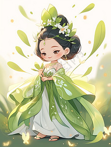 穿着华丽的绿色调汉服手拿植物的卡通小公主图片