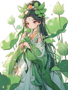 手拿植物安静优雅的卡通小公主背景图片