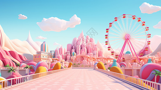 蓝天白云下云粉色调可爱的卡通游乐场图片