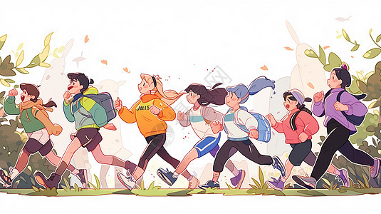 一起开心奔跑的卡通青年人们图片