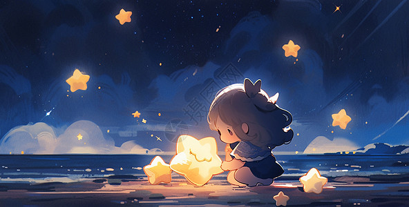 久蹲夜晚蹲在沙滩上抱着黄色发光星星的卡通女孩插画