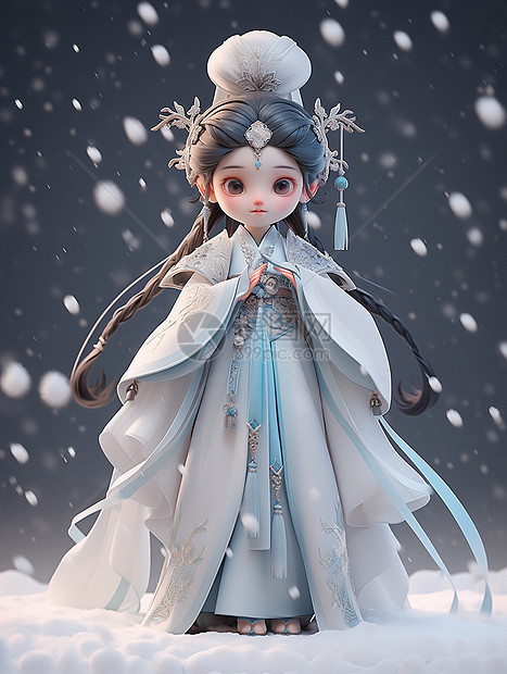 冬天站在雪地里古风装扮卡通公主图片