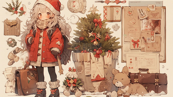 穿着喜庆的红色衣服站在圣诞树旁可爱的长发卡通小女孩图片