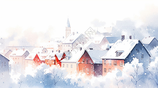 冬天大雪中幽静的卡通小镇图片