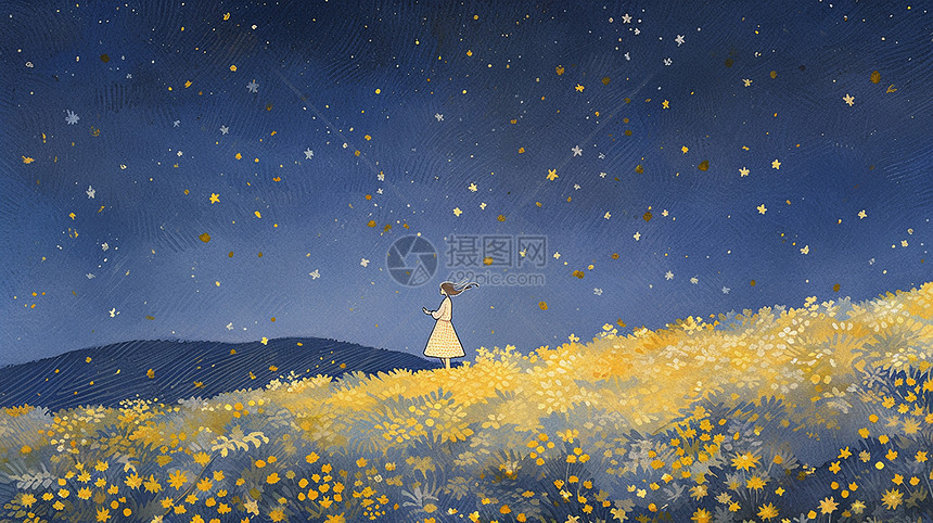 夜晚站在开满小黄花的山坡上一个小清新卡通女孩图片