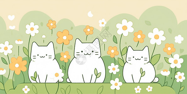 在开满鲜花的草地上三只可爱的卡通小猫图片