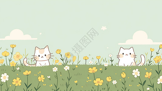 在开满鲜花的草地上两只可爱的卡通小白猫图片