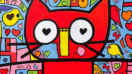 桃心眼睛抽象可爱的卡通红色小猫图片