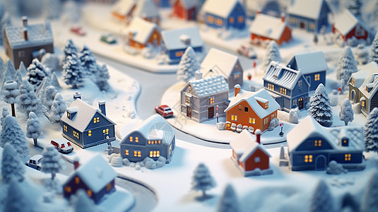 冬天雪后干净整洁美丽的卡通小村庄图片