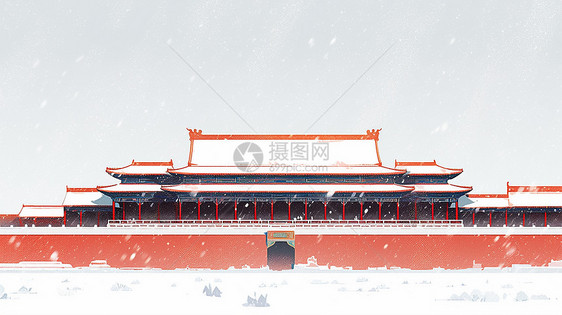 冬天大雪中红色古风卡通建筑图片