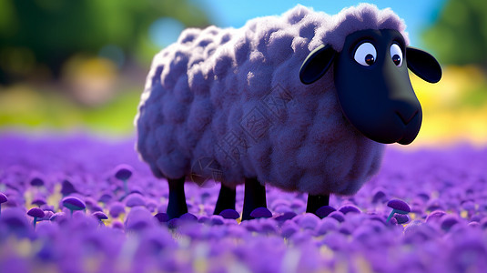 站在紫色花丛中可爱的立体卡通小羊图片