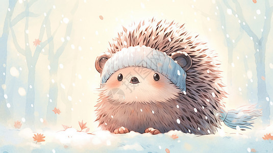 戴着头巾可爱的卡通刺猬在大雪中图片