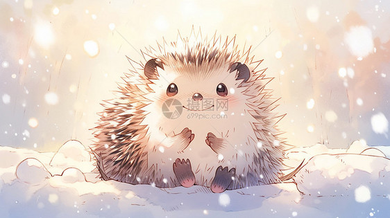 坐在大雪中欣赏美丽的雪的卡通小刺猬图片