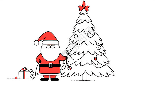 穿红色衣服的简约卡通圣诞老人站在圣诞树旁高清图片