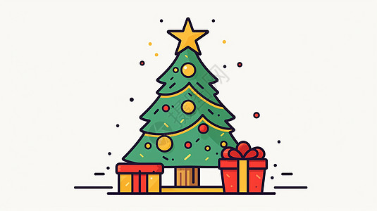 圣诞树下放着简约可爱的卡通礼物盒高清图片