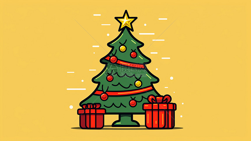 黄色背景上简约可爱的卡通圣诞树图片