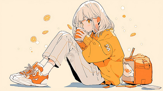 穿橙色外套坐在地上喝橙汁的可爱卡通小女孩图片