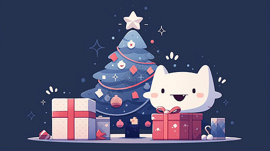 圣诞树与可爱的卡通宠物圣诞夜晚图片