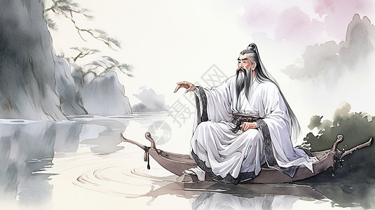 坐在湖边的白衣卡通老者指向远方高清图片