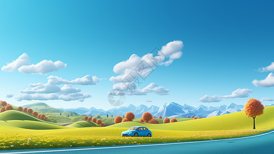 蓝天白云下停在草地上的卡通汽车图片