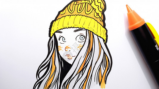 手绘戴着黄色毛线帽的卡通女孩背景图片