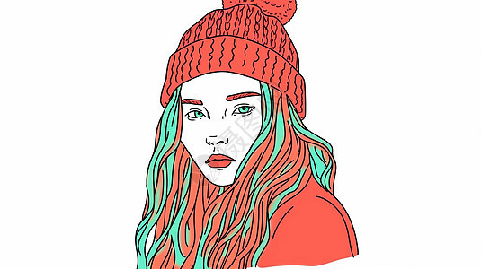 戴着红色毛线帽手绘风时尚的卡通女孩背景图片