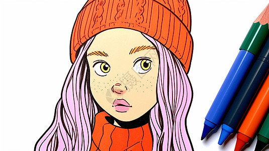 手绘粉色长发戴着橙色毛线帽的卡通女孩背景图片