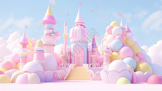 蓝天白云下淡粉色漂亮的卡通城堡图片