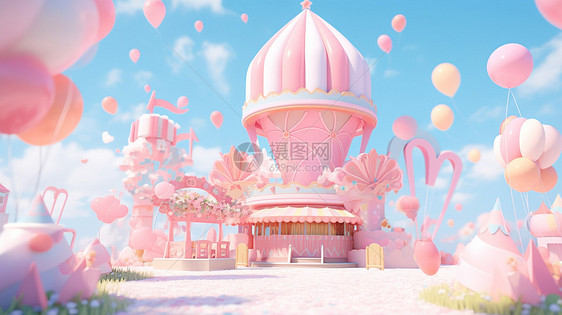 节日氛围十足的梦幻粉色卡通城堡图片