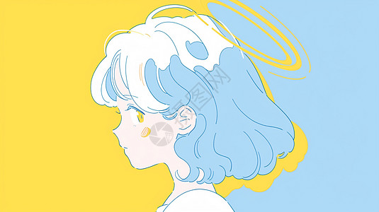 黄蓝撞色漂亮的小清新卡通女孩侧面背景图片