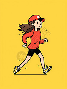 戴红色棒球帽跑步的卡通小女孩图片