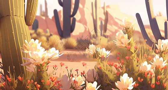 沙漠中美丽的卡通仙人掌开很多花朵图片