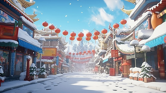 冬天大雪中繁华的卡通商业街图片