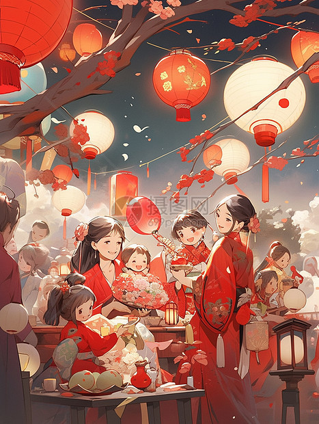 春节夜晚在一起开心聚会的古风卡通一家人图片