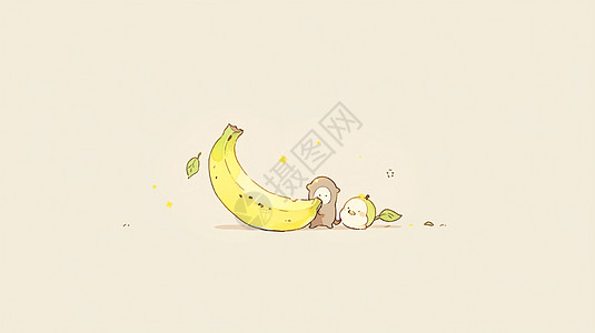 两个可爱的卡通小动物在抱着一个大香蕉图片