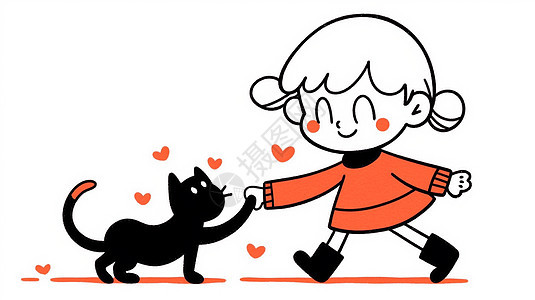 与小黑猫一起开心跳舞的可爱卡通小女孩图片