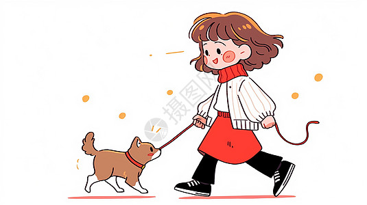 穿红色半身裙遛狗的可爱卡通小女孩高清图片