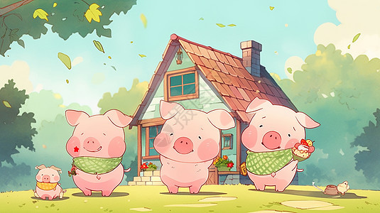 在户外活动的卡通小猪一家人图片
