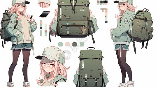 背着绿色旅行包的粉色长发卡通女孩图片