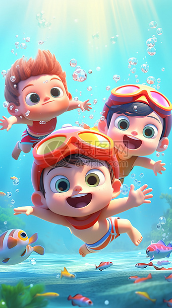 三个可爱的卡通小男孩一起游泳图片