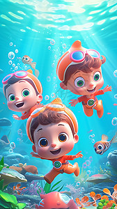 可爱的立体卡通小男孩们在水底潜水图片
