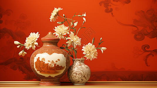 喜庆的红色背景前放着两个花瓶图片