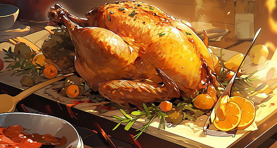 感恩节放在桌子诱人的卡通烤火鸡背景图片