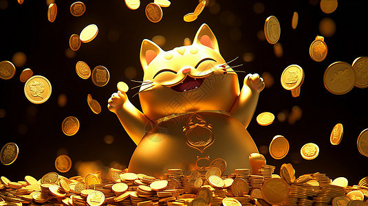 漫天掉金币开心笑的全金卡通招财猫图片
