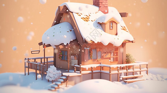 雪中温馨可爱的卡通小房子图片